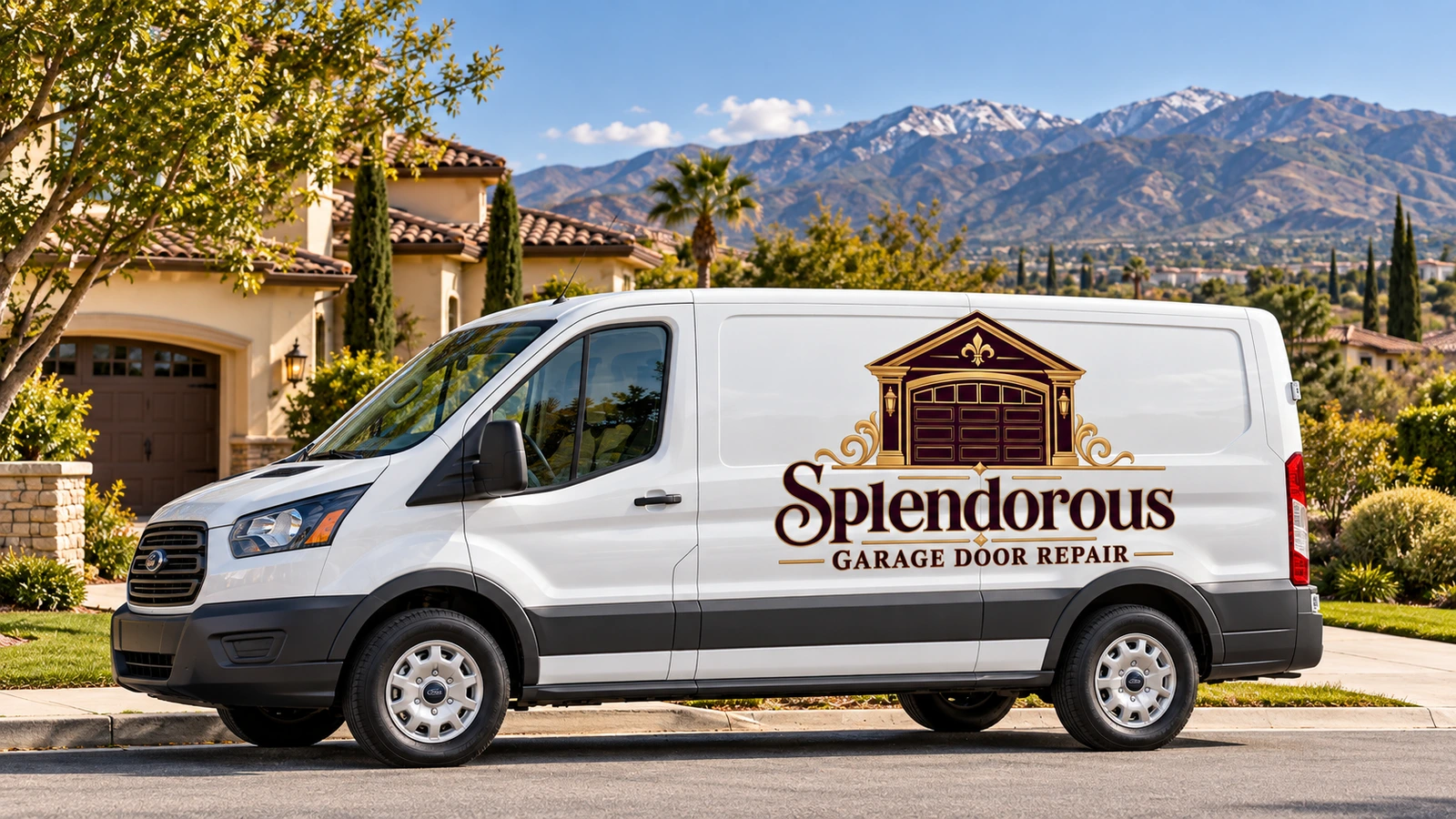 Splendorous Garage Door Repair service van in a residential area